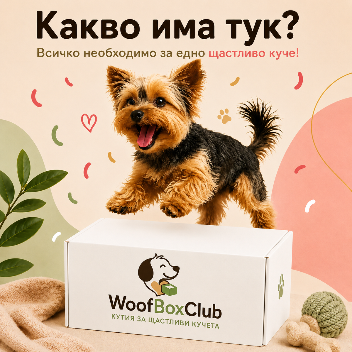 Щастливо куче с бяла WoofBoxClub кутия – продукти за грижа, игра и радост