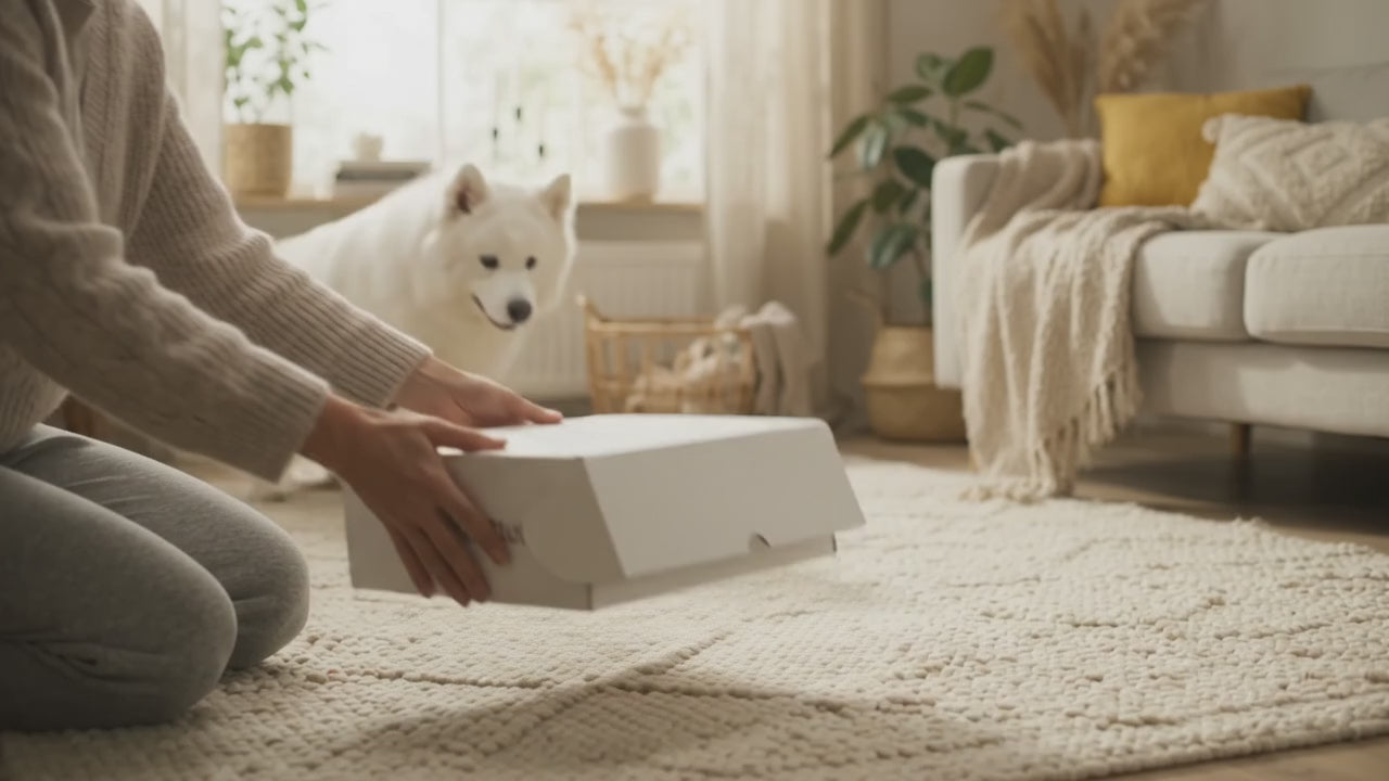 Куче очаква отварянето на WoofBoxClub кутия у дома – месечна селекция с продукти, грижа и изненади.