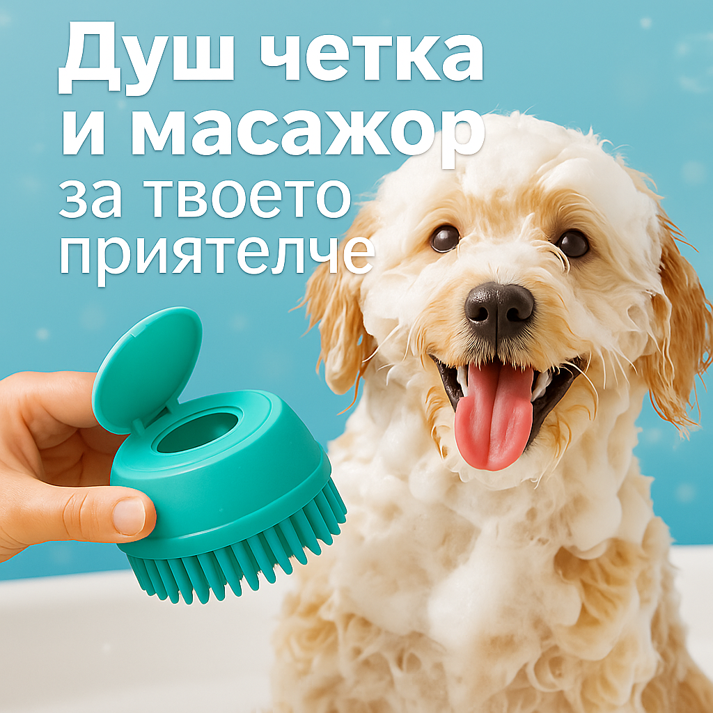 WoofBox душ четка и масажор за кучета – удобен инструмент за къпане и масаж, който почиства и отпуска твоето куче. Част от месечната кутия WoofBox.