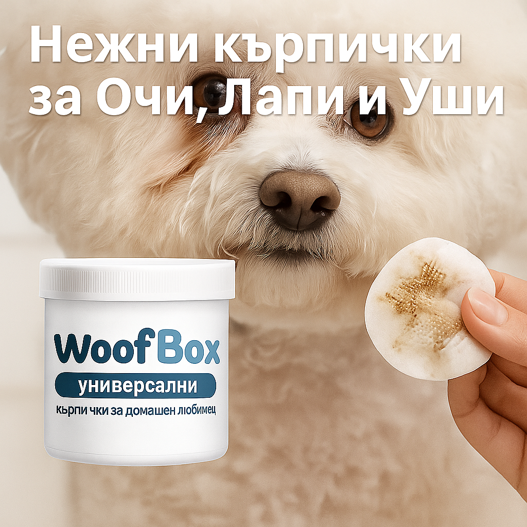 WoofBox нежни кърпички за кучета – универсални почистващи кърпи за очи, лапи и уши. Подходящи за ежедневна грижа и включени в месечната кутия WoofBox.