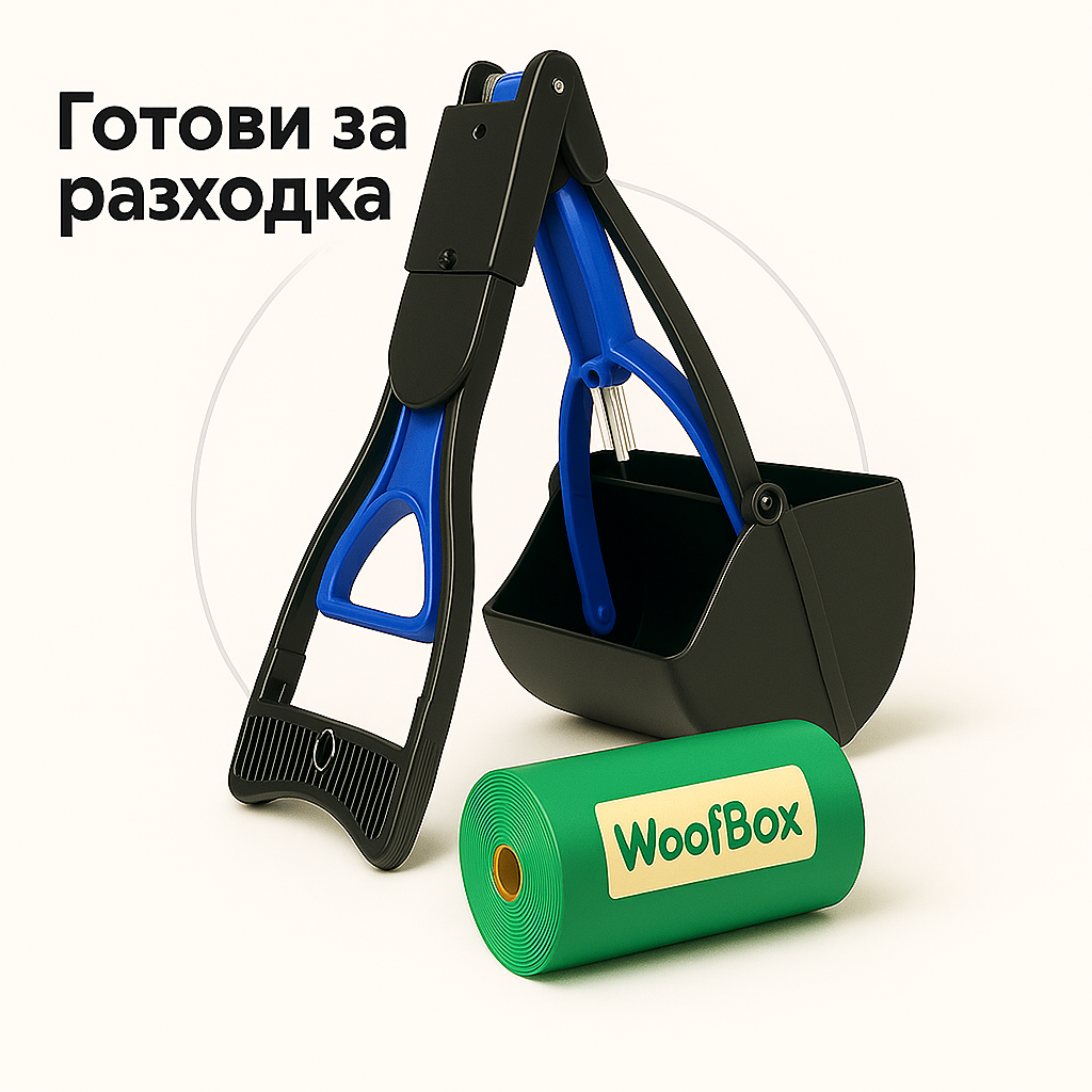 WoofBox комплект за разходка с куче – включва щипка за събиране и ролка торбички за отпадъци. Практичен сет за чисти и удобни разходки, включен в месечната кутия WoofBox.