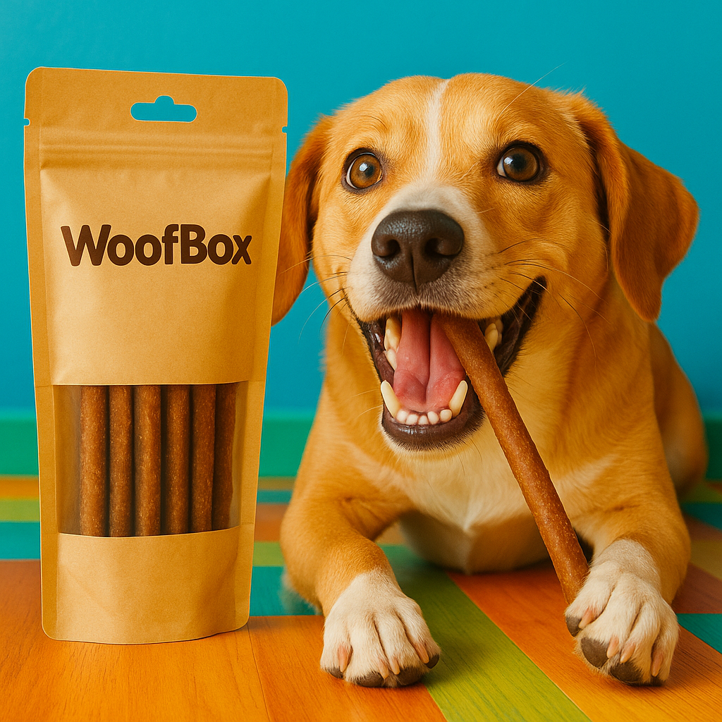 Щастливо куче с WoofBox лакомства – натурални снаксове за кучета във форма на пръчици. Перфектни за награда, дъвчене и поддържане на зъбите здрави.