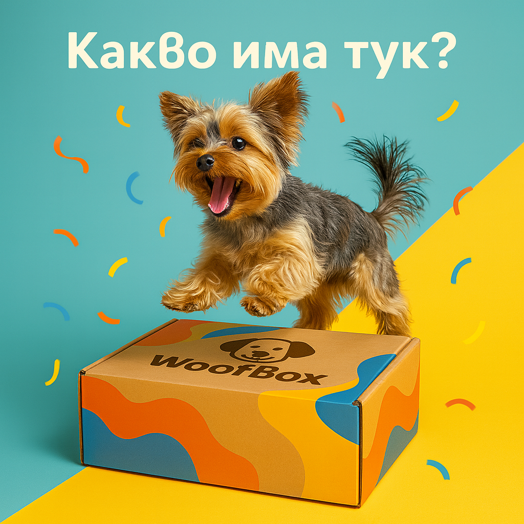 🐶 Малко куче с кутия WoofBox – месечна кутия с лакомства и изненади за кучета в България
