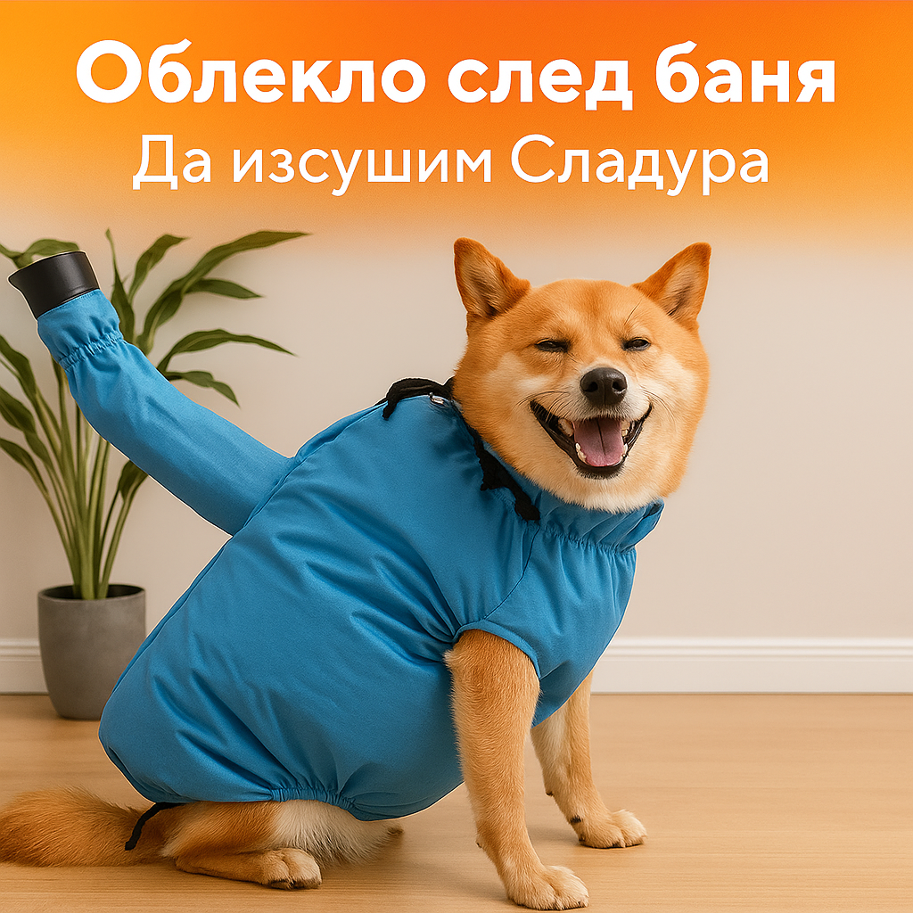 WoofBox облекло след баня за кучета – удобен и абсорбиращ костюм за изсушаване след къпане. Идеален за твоя любимец, включен в месечната кутия WoofBox.