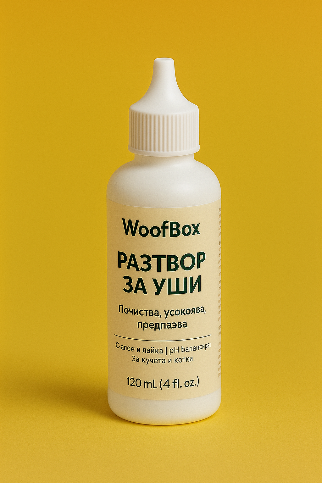 WoofBox разтвор за уши за кучета – почиства, успокоява и предпазва от инфекции. С алое и лайка, подходящ за чувствителни уши и ежедневна хигиена.