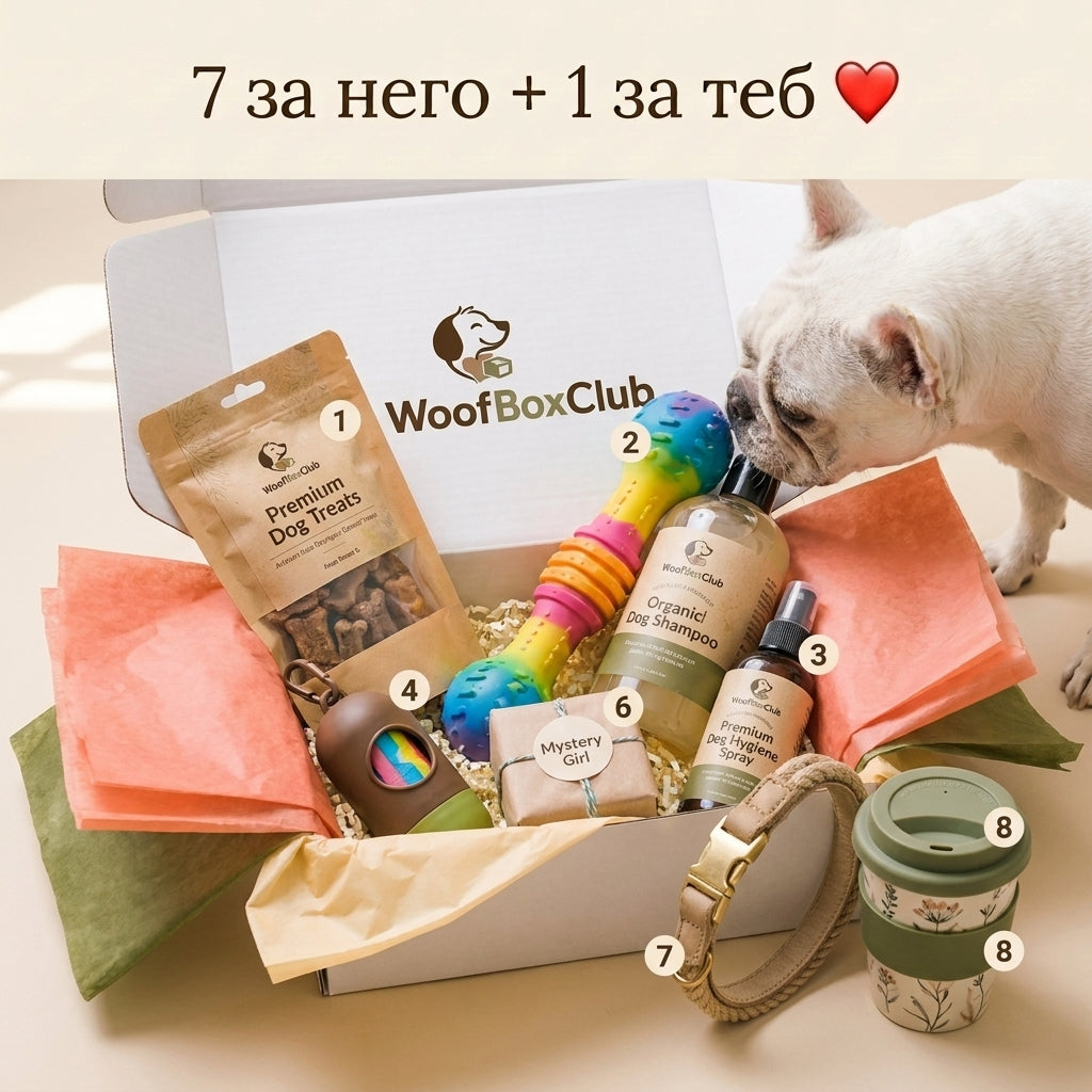 WoofBoxClub кутия със 7 подбрани продукта за кучето и 1 подарък за стопанина.