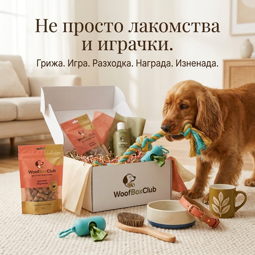 Куче открива продукти за грижа, игра, разходка и награда в отворена WoofBoxClub кутия.