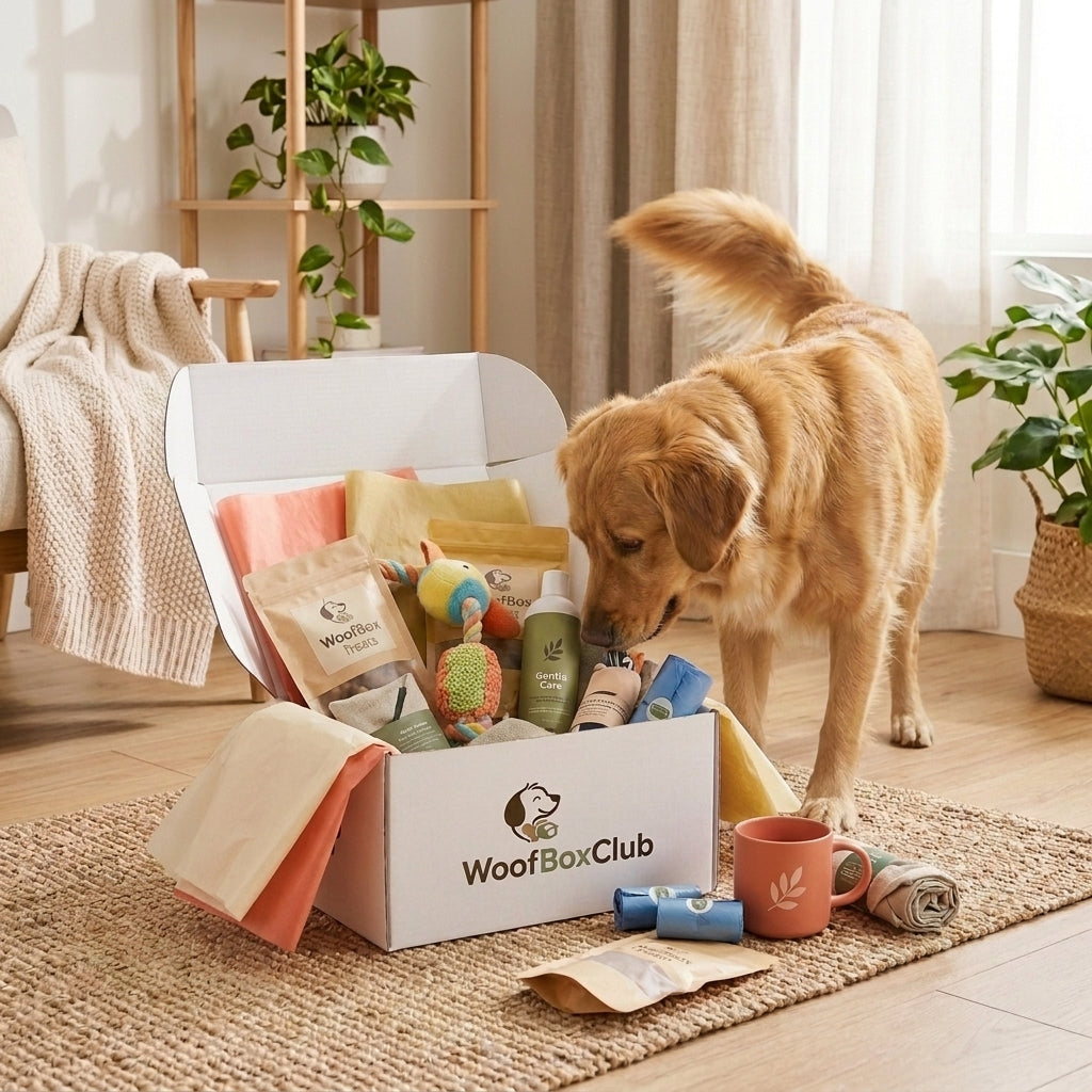 Куче разглежда отворена WoofBoxClub кутия с лакомство, играчка, продукти за грижа и аксесоари.