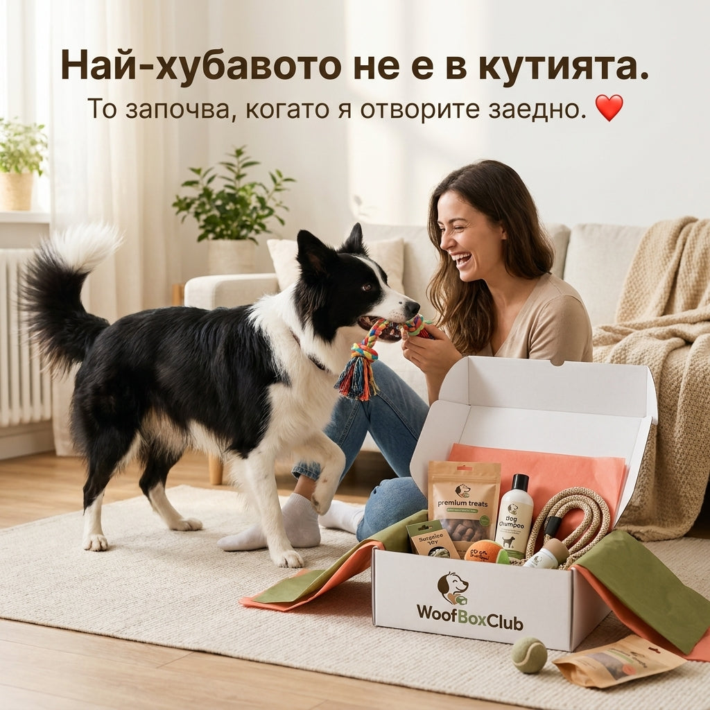 Стопанка играе с кучето си до отворена WoofBoxClub кутия с подбрани продукти за кучето.
