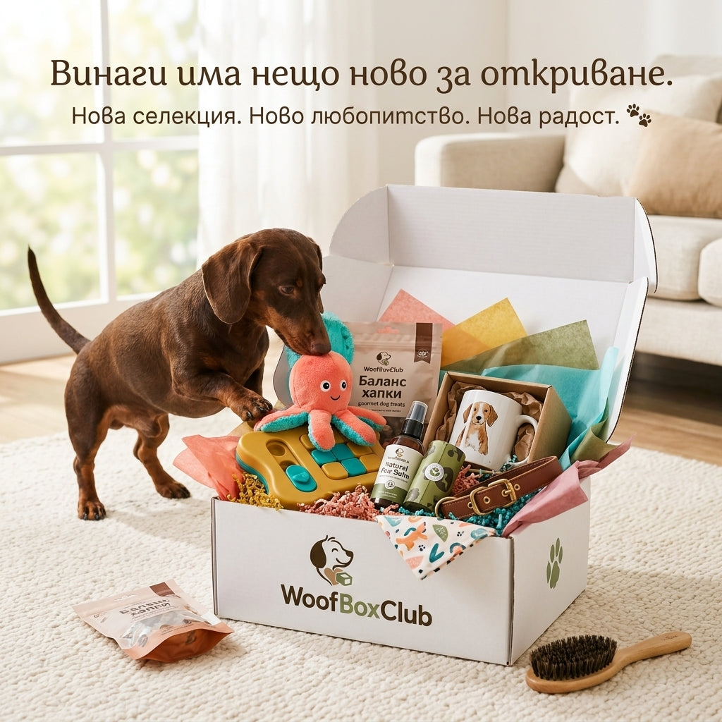 Дакел открива играчки, лакомство, продукти за грижа и аксесоари в отворена WoofBoxClub кутия.