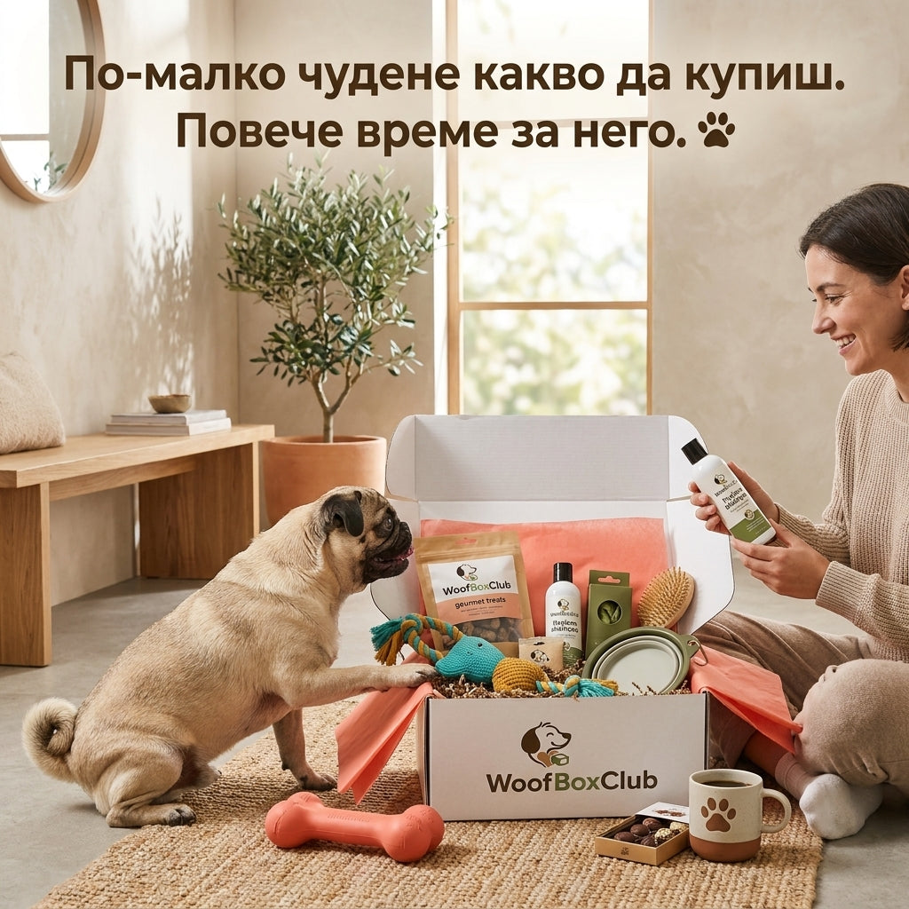 Стопанка и мопс разглеждат отворена WoofBoxClub кутия с лакомство, играчки, продукти за грижа и аксесоари.
