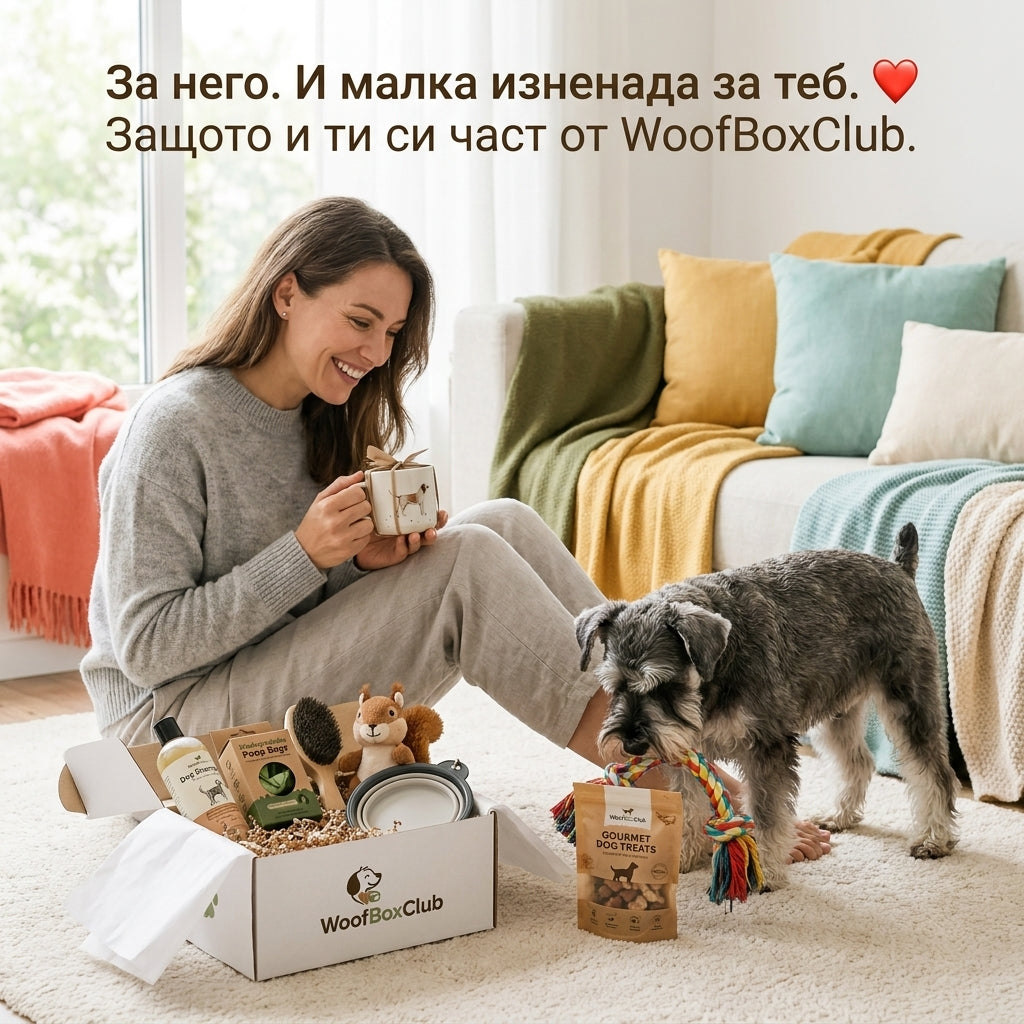 Жена и куче отварят WoofBoxClub кутия с продукти за кучето и малък подарък за стопанина.